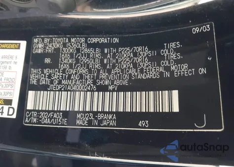 2004 Toyota Highlander V6 from USA, damaged, VIN JTEDP21A040002476